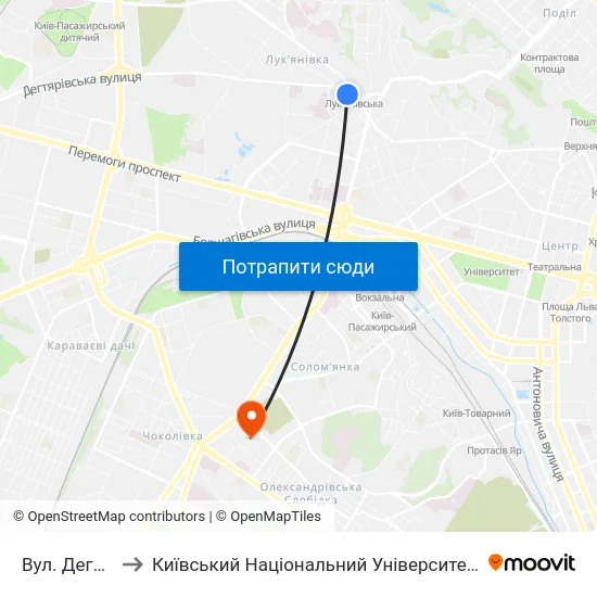 Вул. Дегтярівська to Київський Національний Університет Будівництва І Архітектури map