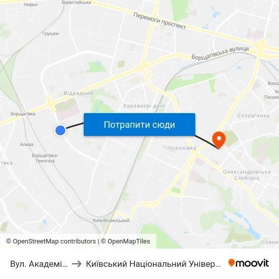 Вул. Академіка Білецького to Київський Національний Університет Будівництва І Архітектури map