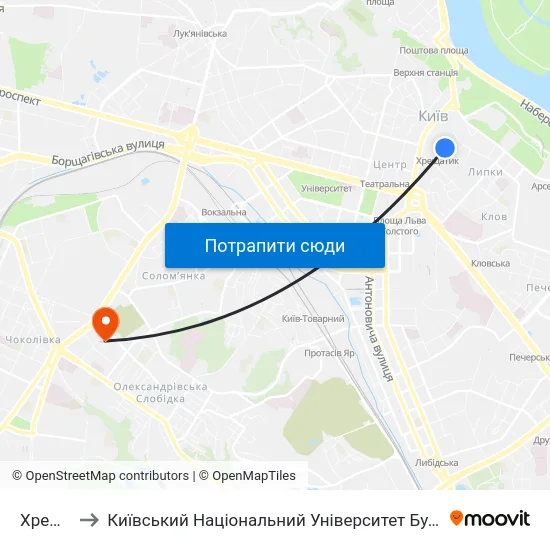 Хрещатик to Київський Національний Університет Будівництва І Архітектури map