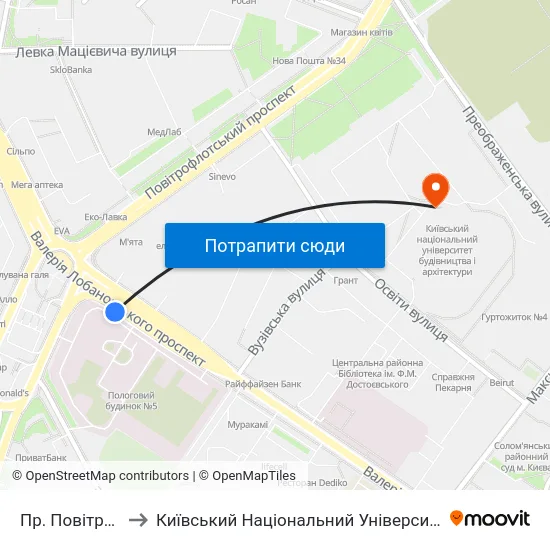 Пр. Повітрофлотський to Київський Національний Університет Будівництва І Архітектури map