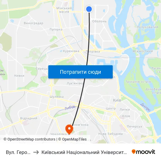 Вул. Героїв Дніпра to Київський Національний Університет Будівництва І Архітектури map