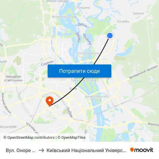 Вул. Оноре Де Бальзака to Київський Національний Університет Будівництва І Архітектури map