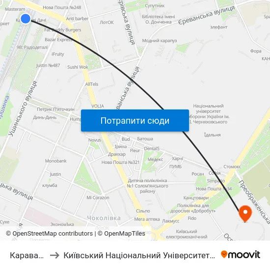 Караваєві Дачі to Київський Національний Університет Будівництва І Архітектури map