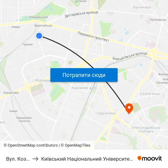 Вул. Козелецька to Київський Національний Університет Будівництва І Архітектури map