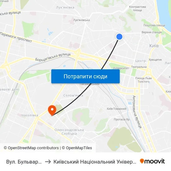 Вул. Бульварно-Кудрявська to Київський Національний Університет Будівництва І Архітектури map