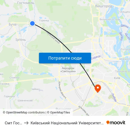 Смт Гостомель to Київський Національний Університет Будівництва І Архітектури map