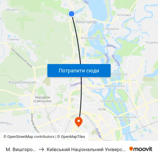 М. Вишгород (Дідовиця) to Київський Національний Університет Будівництва І Архітектури map