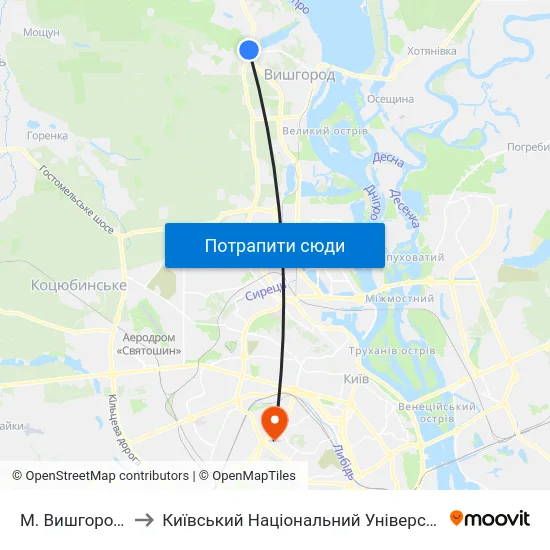 М. Вишгород (Дідовиця) to Київський Національний Університет Будівництва І Архітектури map