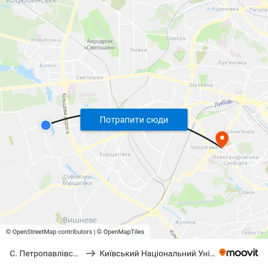 С. Петропавлівська Борщагівка (Центр) to Київський Національний Університет Будівництва І Архітектури map