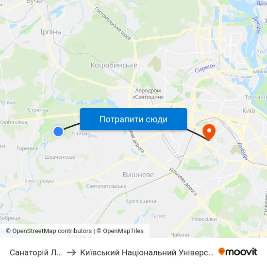Санаторій Лісова Поляна to Київський Національний Університет Будівництва І Архітектури map