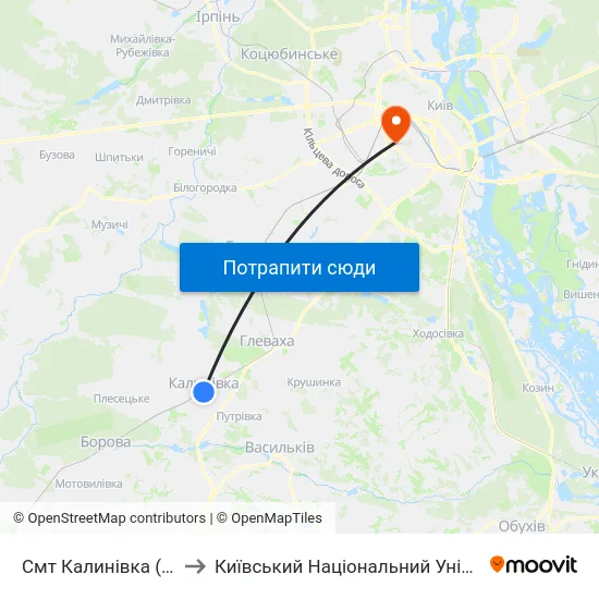 Смт Калинівка (Станція Васильків-1) to Київський Національний Університет Будівництва І Архітектури map