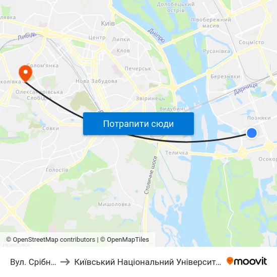 Вул. Срібнокільська to Київський Національний Університет Будівництва І Архітектури map