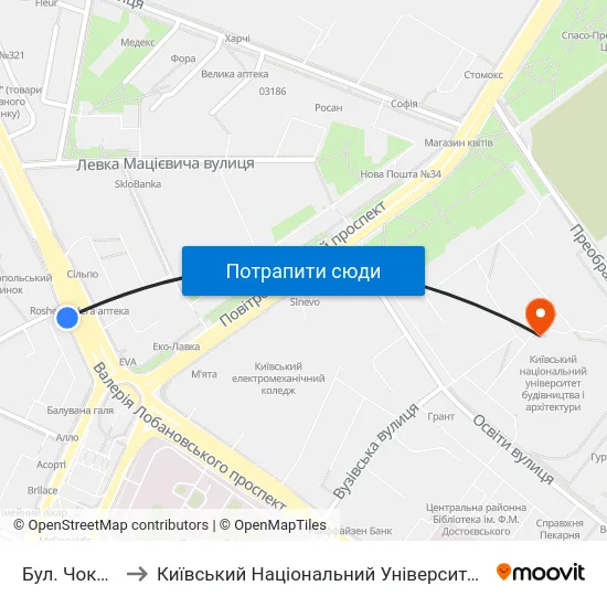 Бул. Чоколівський to Київський Національний Університет Будівництва І Архітектури map