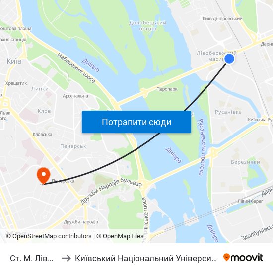 Ст. М. Лівобережна to Київський Національний Університет Культури І Мистецтв map