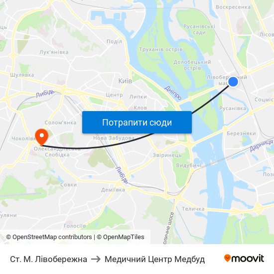 Ст. М. Лівобережна to Медичний Центр Медбуд map