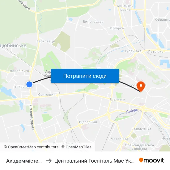Академмістечко to Центральний Госпіталь Мвс України map