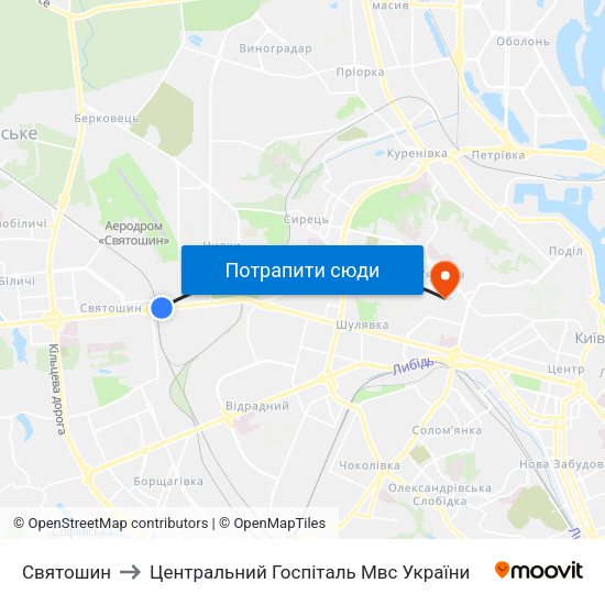 Святошин to Центральний Госпіталь Мвс України map