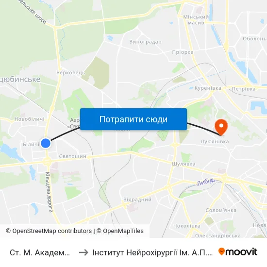 Ст. М. Академмістечко to Інститут Нейрохірургії Ім. А.П. Ромоданова map