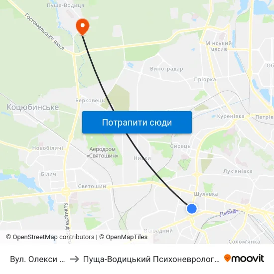 Вул. Олекси Тихого to Пуща-Водицький Психоневрологічний Інтернат map