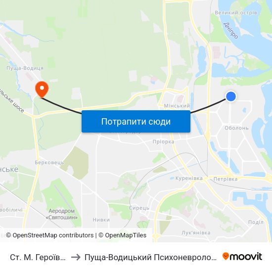 Ст. М. Героїв Дніпра to Пуща-Водицький Психоневрологічний Інтернат map