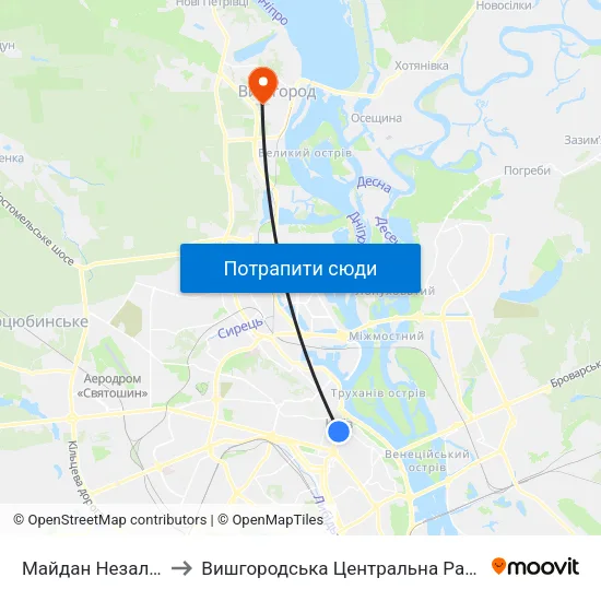 Майдан Незалежності to Вишгородська Центральна Районна Лікарня map