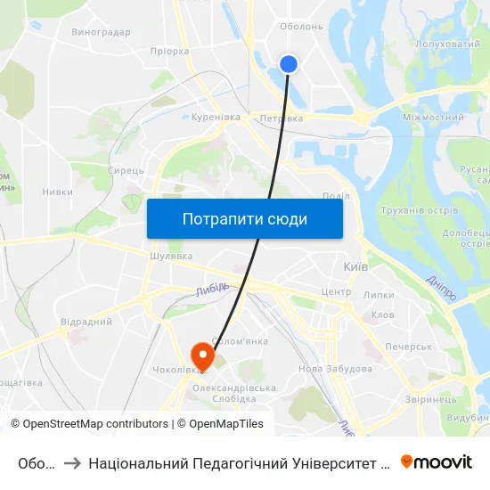 Оболонь to Національний Педагогічний Університет Ім. Михайла Драгоманова map