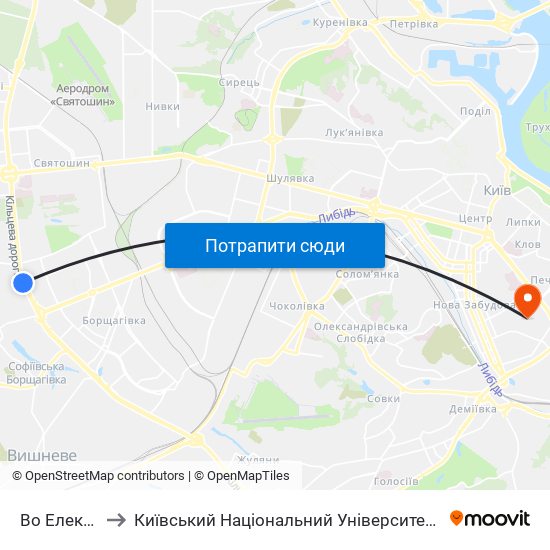 Во Електронмаш to Київський Національний Університет Культури І Мистецтв (Кнукім) map