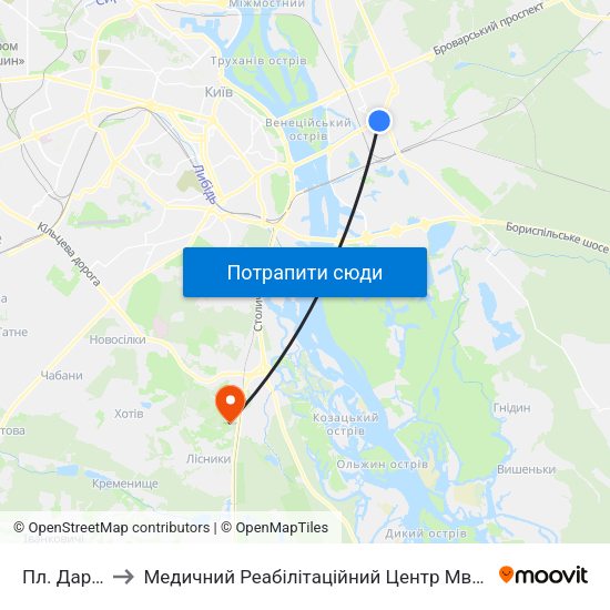 Пл. Дарницька to Медичний Реабілітаційний Центр Мвс України ""Хутір Вільний"" map