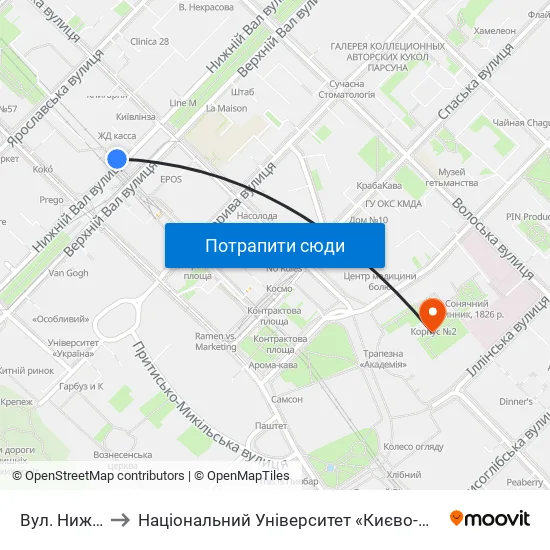 Вул. Нижнiй Вал to Національний Університет «Києво-Могилянська Академія» map