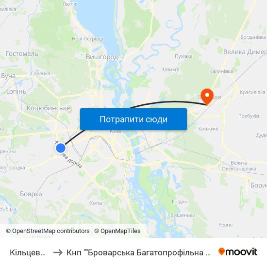 Кільцева Дорога to Кнп ""Броварська Багатопрофільна Клінічна Лікарня"" Брр Бмр map