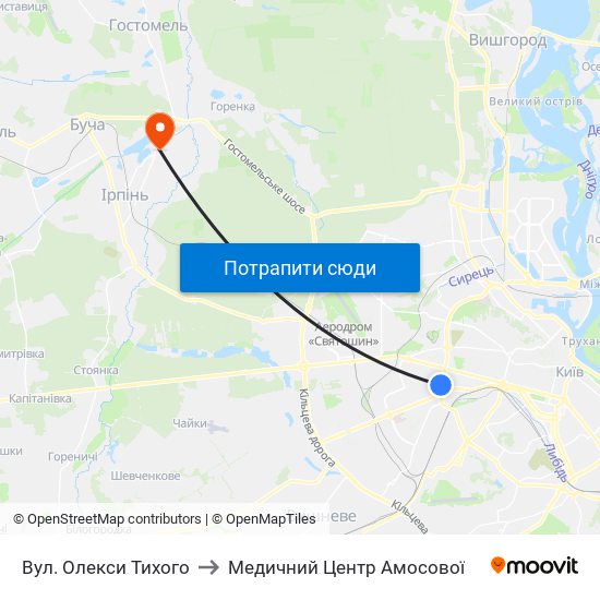 Вул. Олекси Тихого to Медичний Центр Амосової map