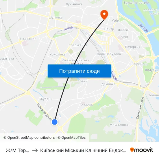 Ж/М Теремки-1 to Київський Міський Клінічний Ендокринологічний Центр map