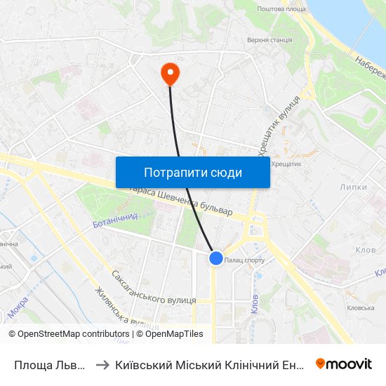 Площа Льва Толстого to Київський Міський Клінічний Ендокринологічний Центр map