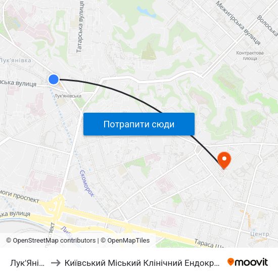 Лук'Янівська to Київський Міський Клінічний Ендокринологічний Центр map