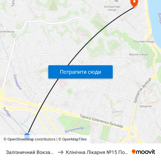Залізничний Вокзал Центральний to Клінічна Лікарня №15 Подільського Району map