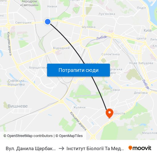 Вул. Данила Щербаківського to Інститут Біології Та Медицини Кну map