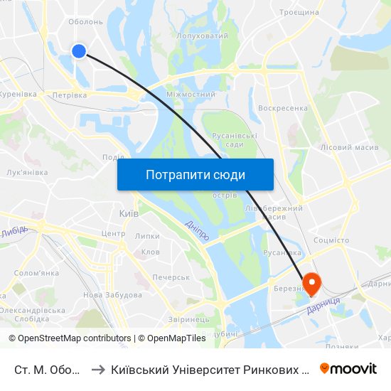 Ст. М. Оболонь to Київський Університет Ринкових Відносин map