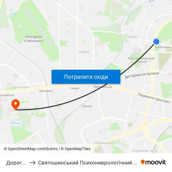 Дорогожичі to Святошинський Психоневрологічний Інтернат Для Жінок map