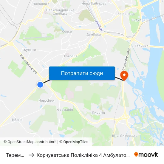 Теремки to Корчуватська Поліклініка 4 Амбулаторія map