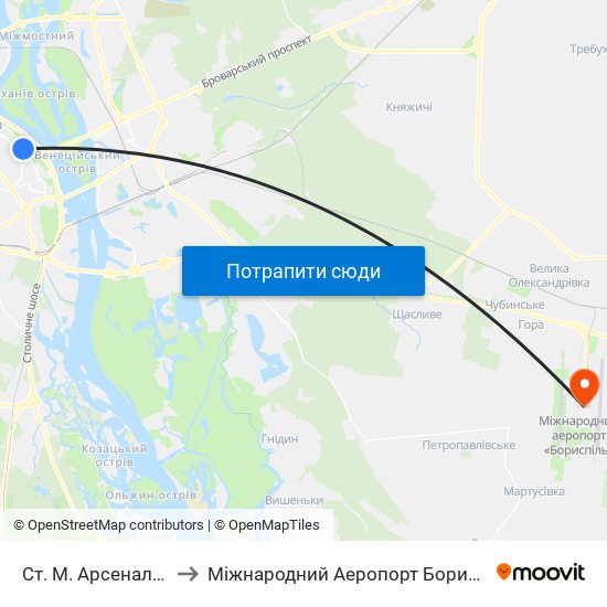 Ст. М. Арсенальна to Міжнародний Аеропорт Бориспіль map