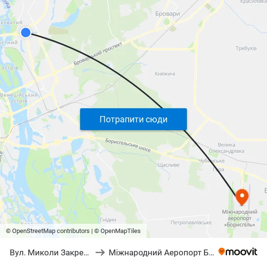 Вул. Миколи Закревського to Міжнародний Аеропорт Бориспіль map