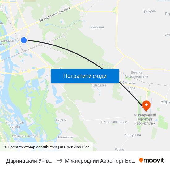 Дарницький Універмаг to Міжнародний Аеропорт Бориспіль map