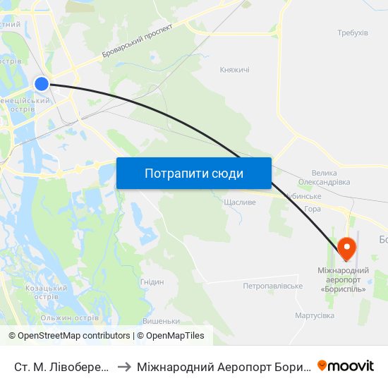 Ст. М. Лівобережна to Міжнародний Аеропорт Бориспіль map
