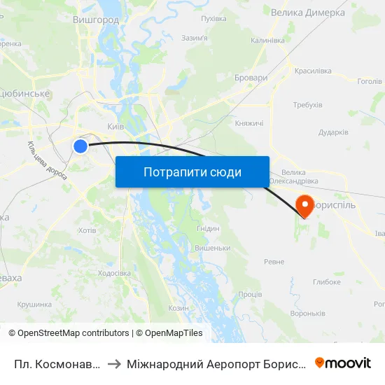 Пл. Космонавтів to Міжнародний Аеропорт Бориспіль map