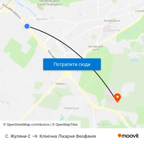 С. Жуляни-2 to Клінічна Лікарня Феофанія map