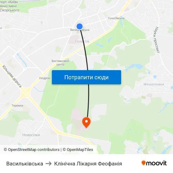 Васильківська to Клінічна Лікарня Феофанія map