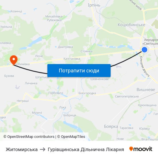 Житомирська to Гурівщинська Дільнична Лікарня map