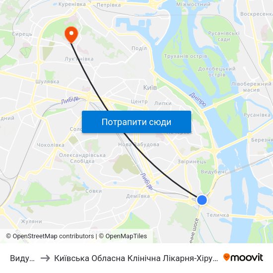 Видубичі to Київська Обласна Клінічна Лікарня-Хірургічний Корпус map