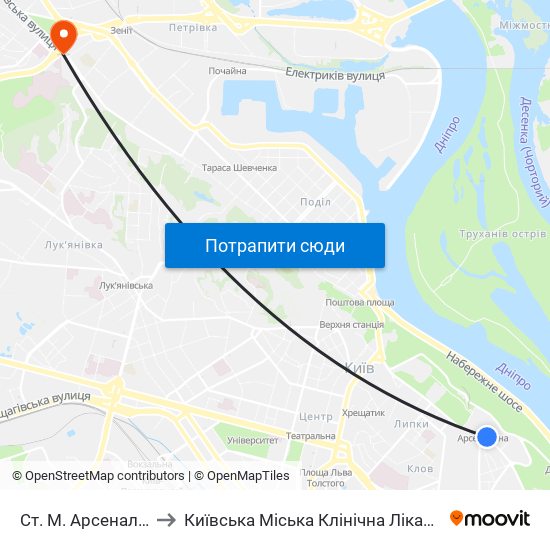 Ст. М. Арсенальна to Київська Міська Клінічна Лікарня 15 map