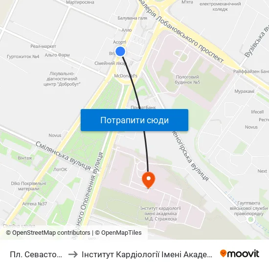 Пл. Севастопольська to Інститут Кардіології Імені Академіка М.Д. Стражеска map